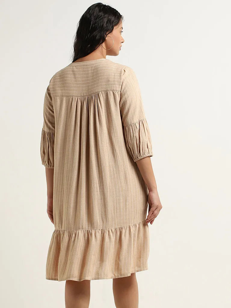 Gia Beige Striped Blended Linen Straight Dress