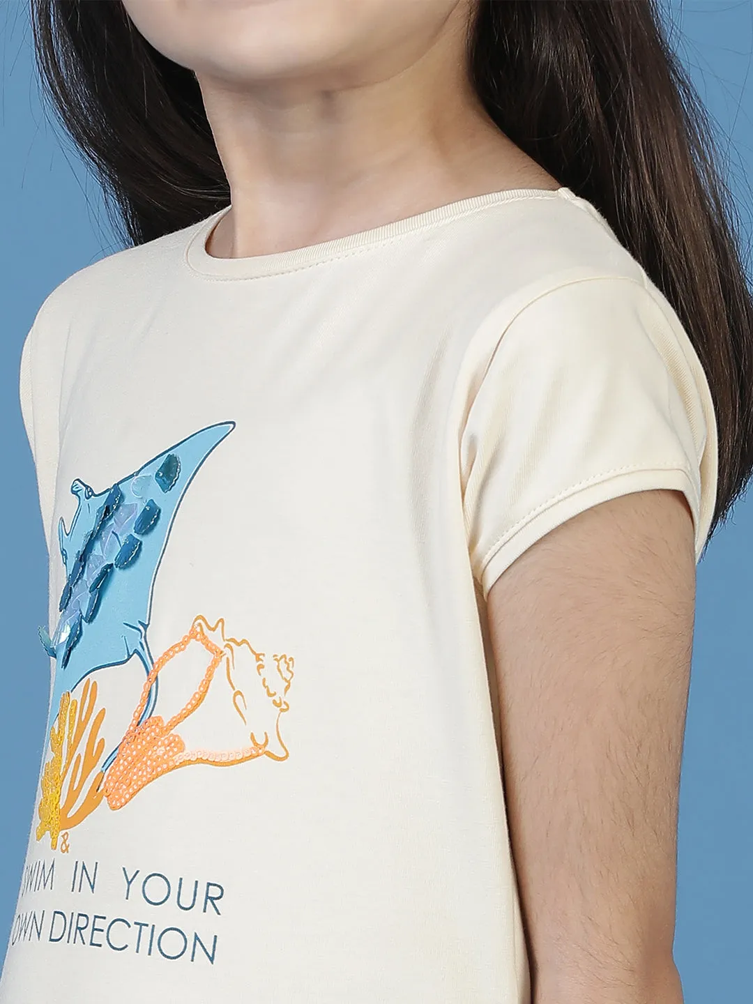 Girls Beige Printed T-shirt