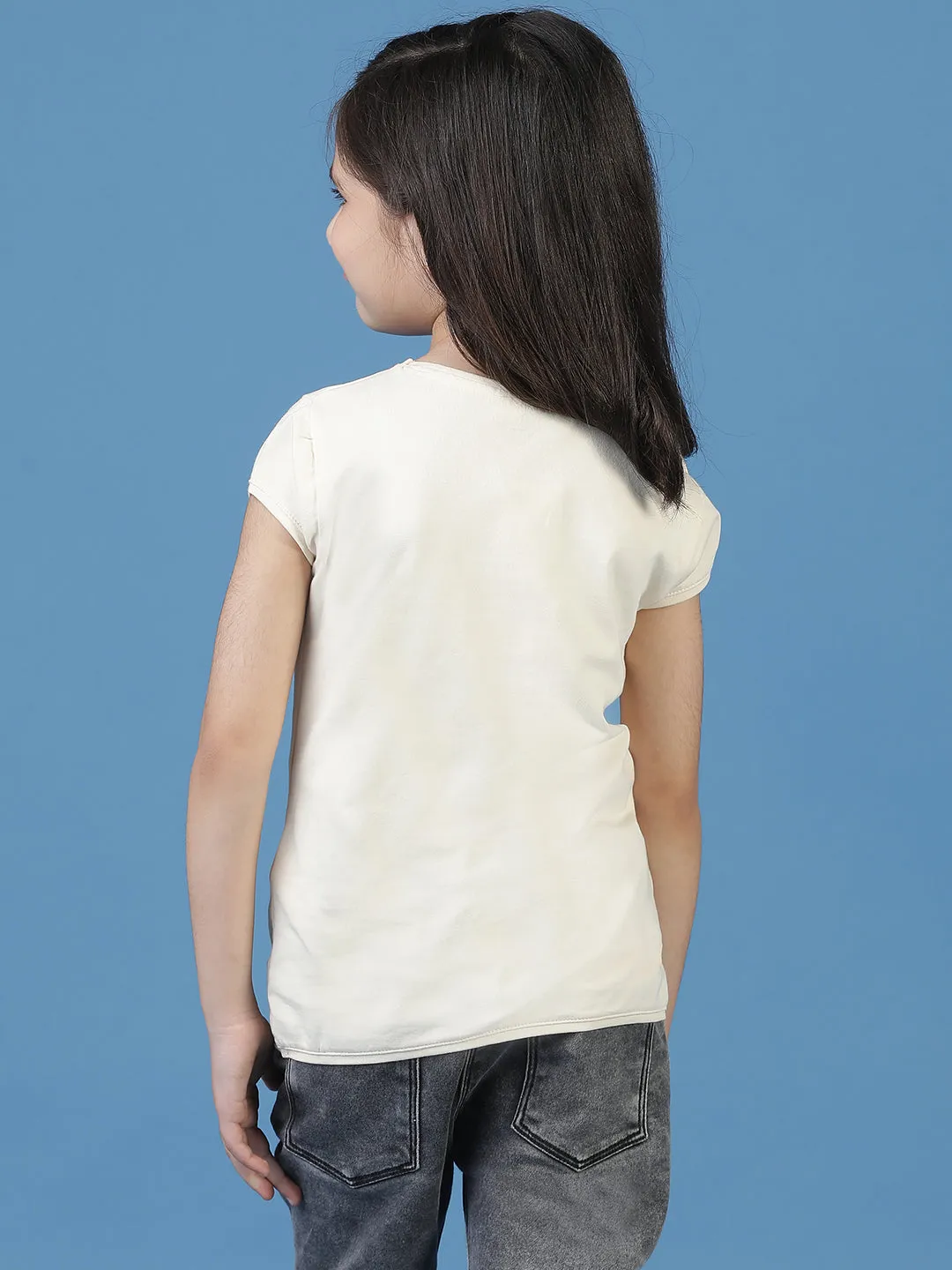 Girls Beige Printed T-shirt