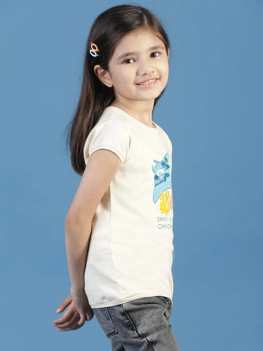 Girls Beige Printed T-shirt