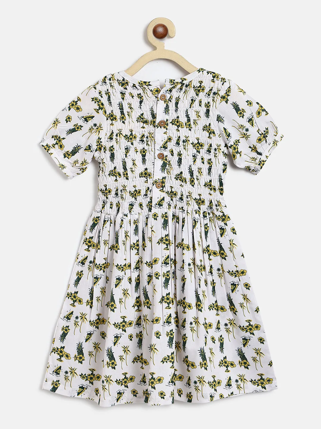 Girls Off White Rayon Regular Fit Half Sleeves Print Dress