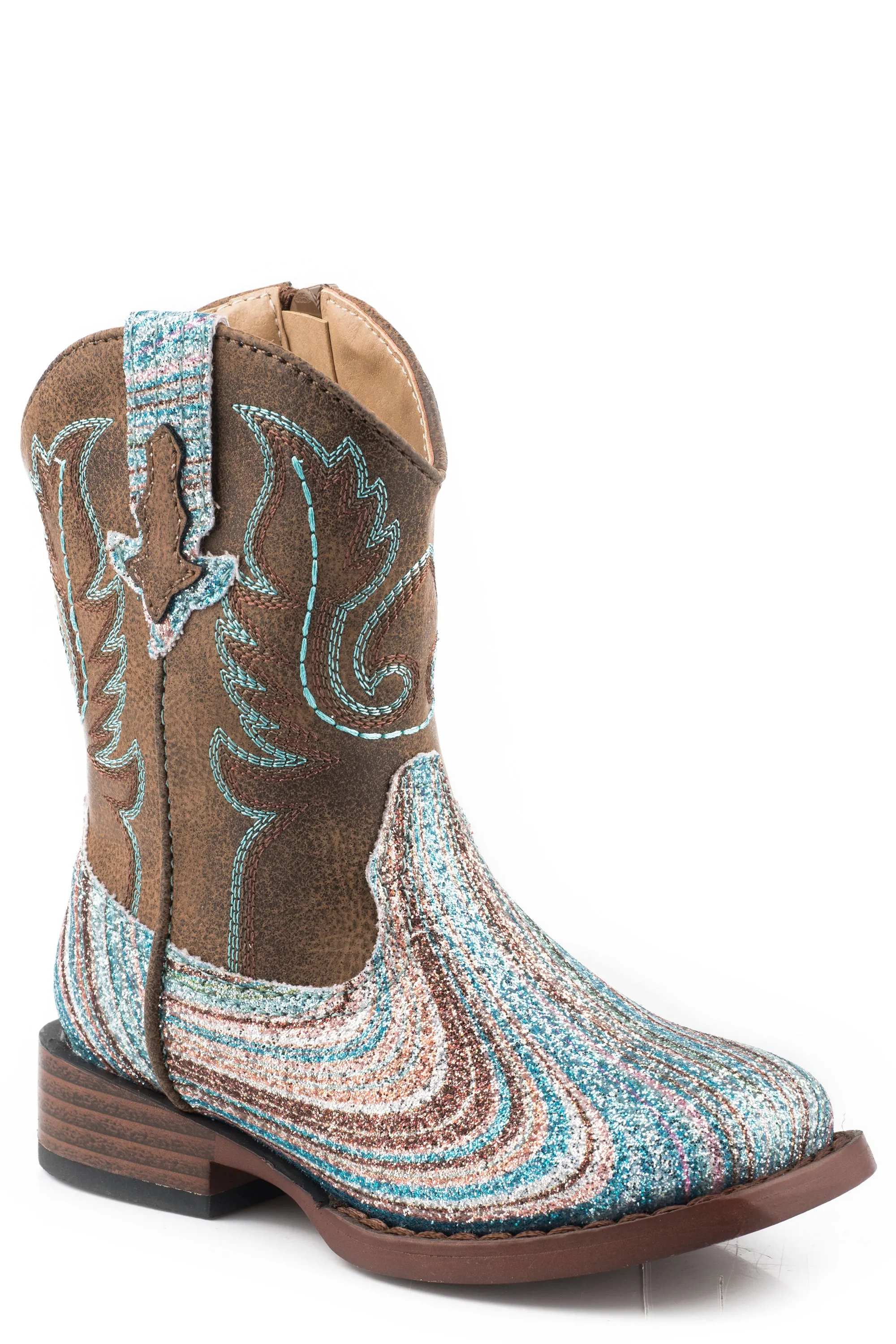 Girls Roper Swirly Turquoise Glitter Square Toe Toddler Boot