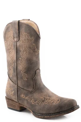 Girls Roper Vintage Brown Faux Leather Snip Toe Boot w/ All Over Embroidery