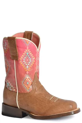 Girls Roper Waxy Brown & Pink Square Toe Boot w/ Aztec Design On Shaft