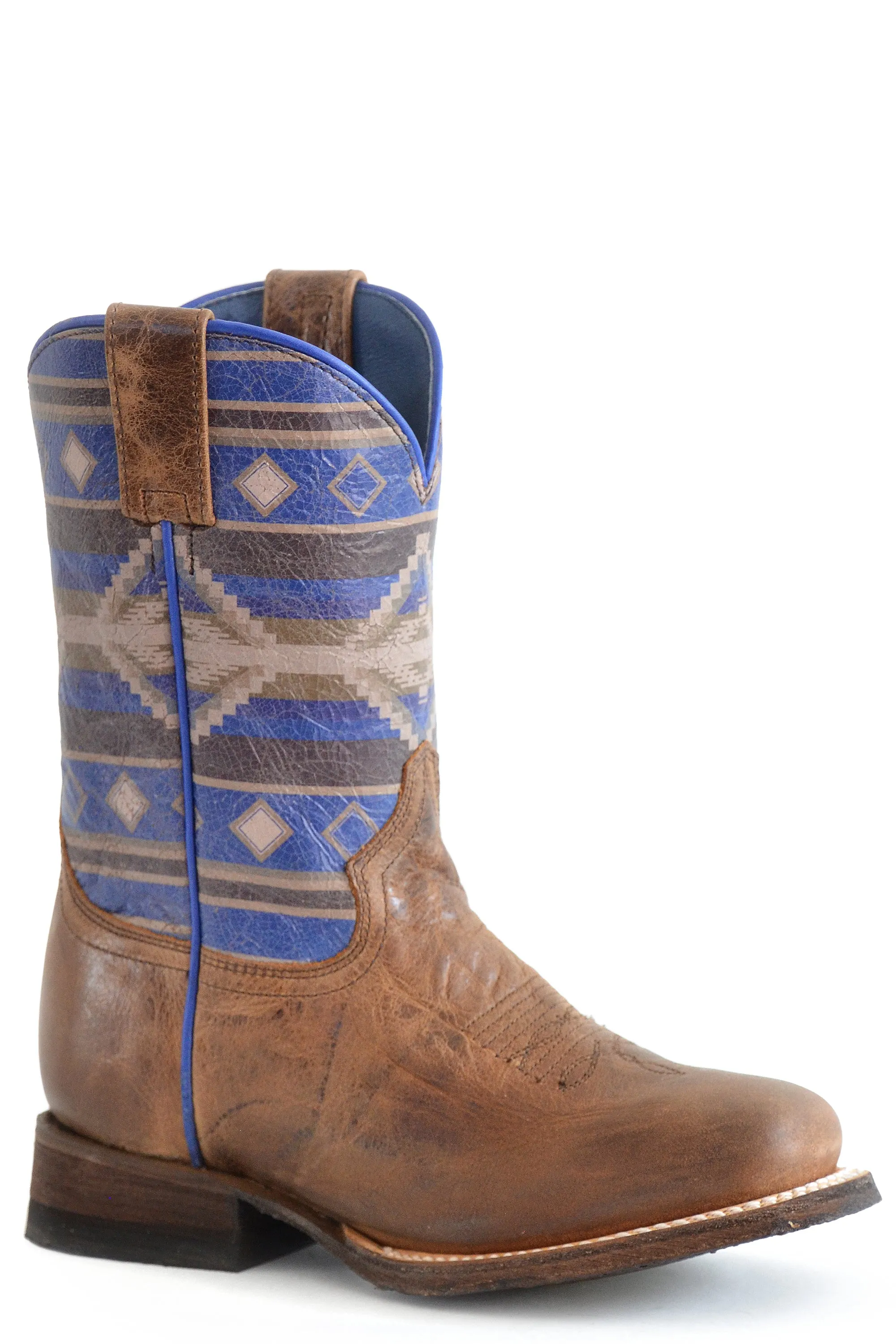 Girls Roper Waxy Tan Square Toe Boot w/ Purple Aztec Design