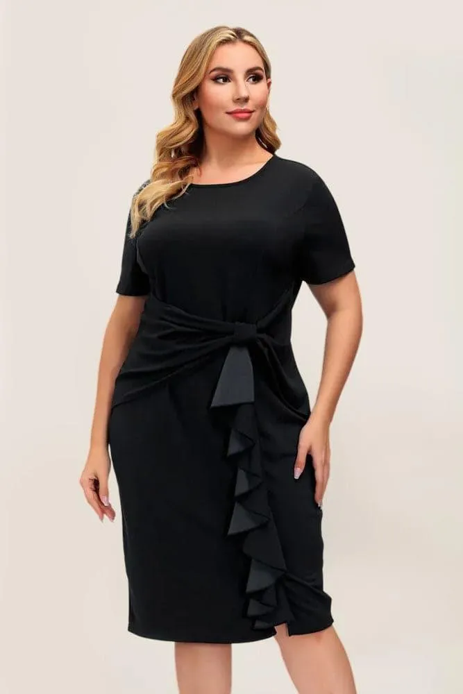 HN Women Plus Size Ruffle Decorated Bodycon Dress Short Sleeve Crew Neck