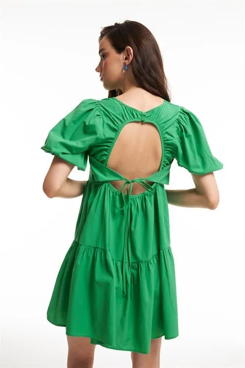 Low Back Balloon Sleeve Cotton dress - Green