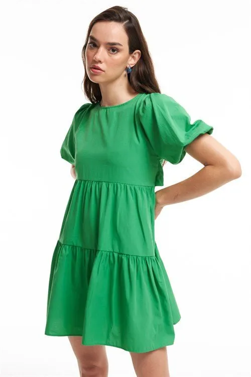 Low Back Balloon Sleeve Cotton dress - Green