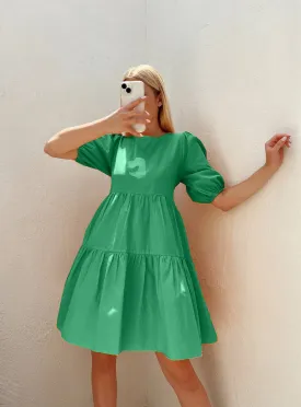 Low Back Balloon Sleeve Cotton dress - Green