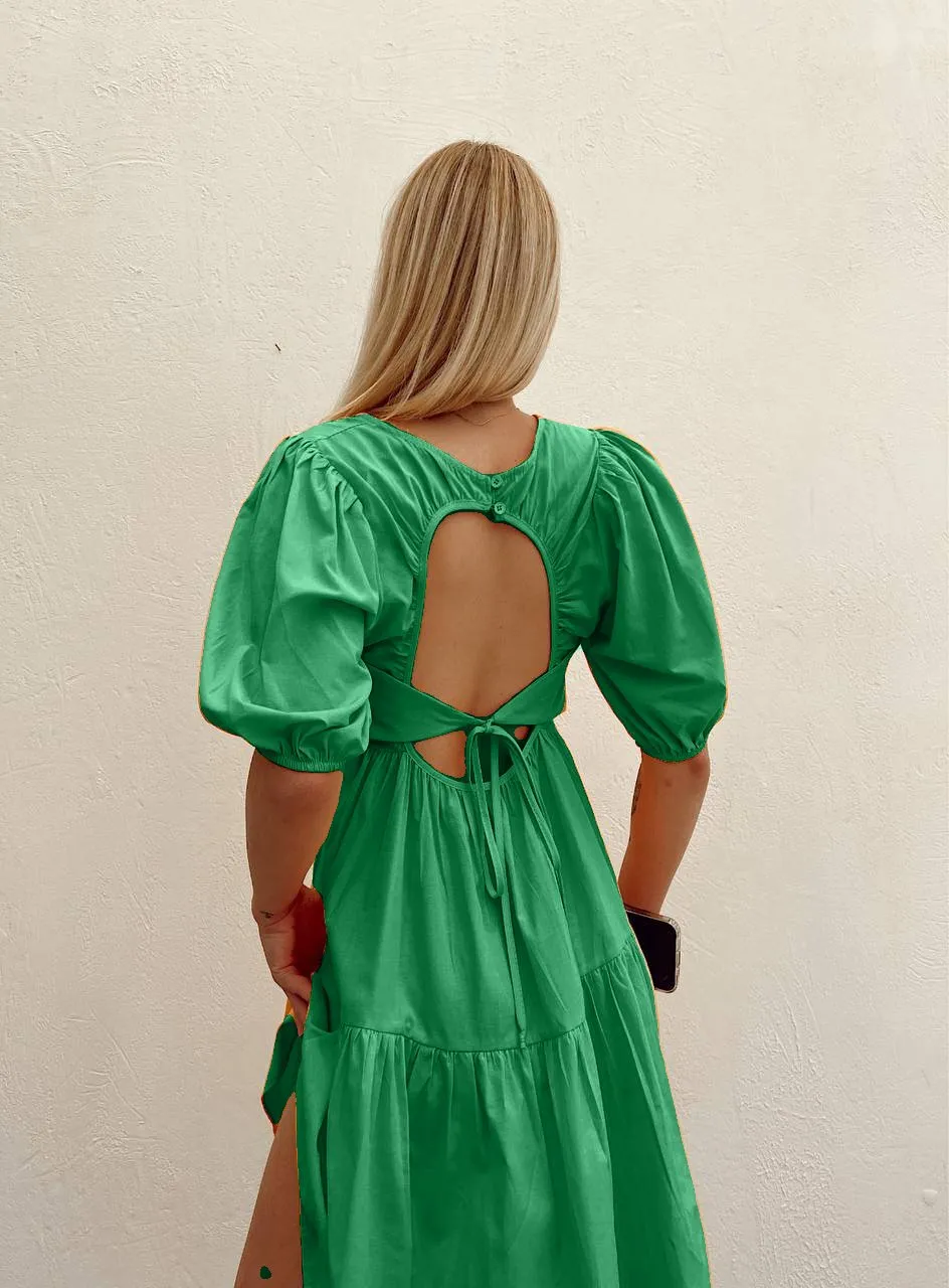 Low Back Balloon Sleeve Cotton dress - Green