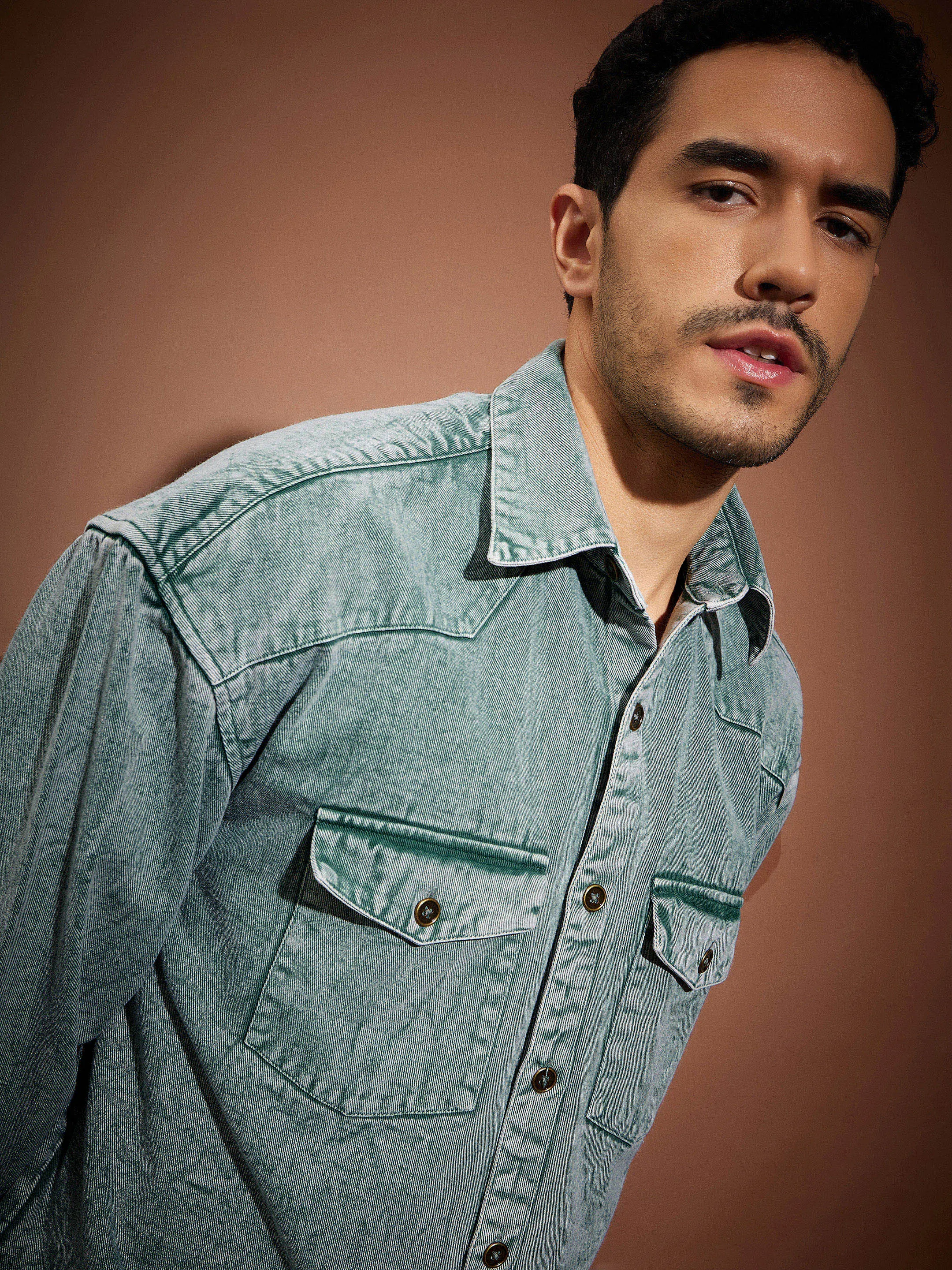 Men Green Washed Denim Oversized Shirt