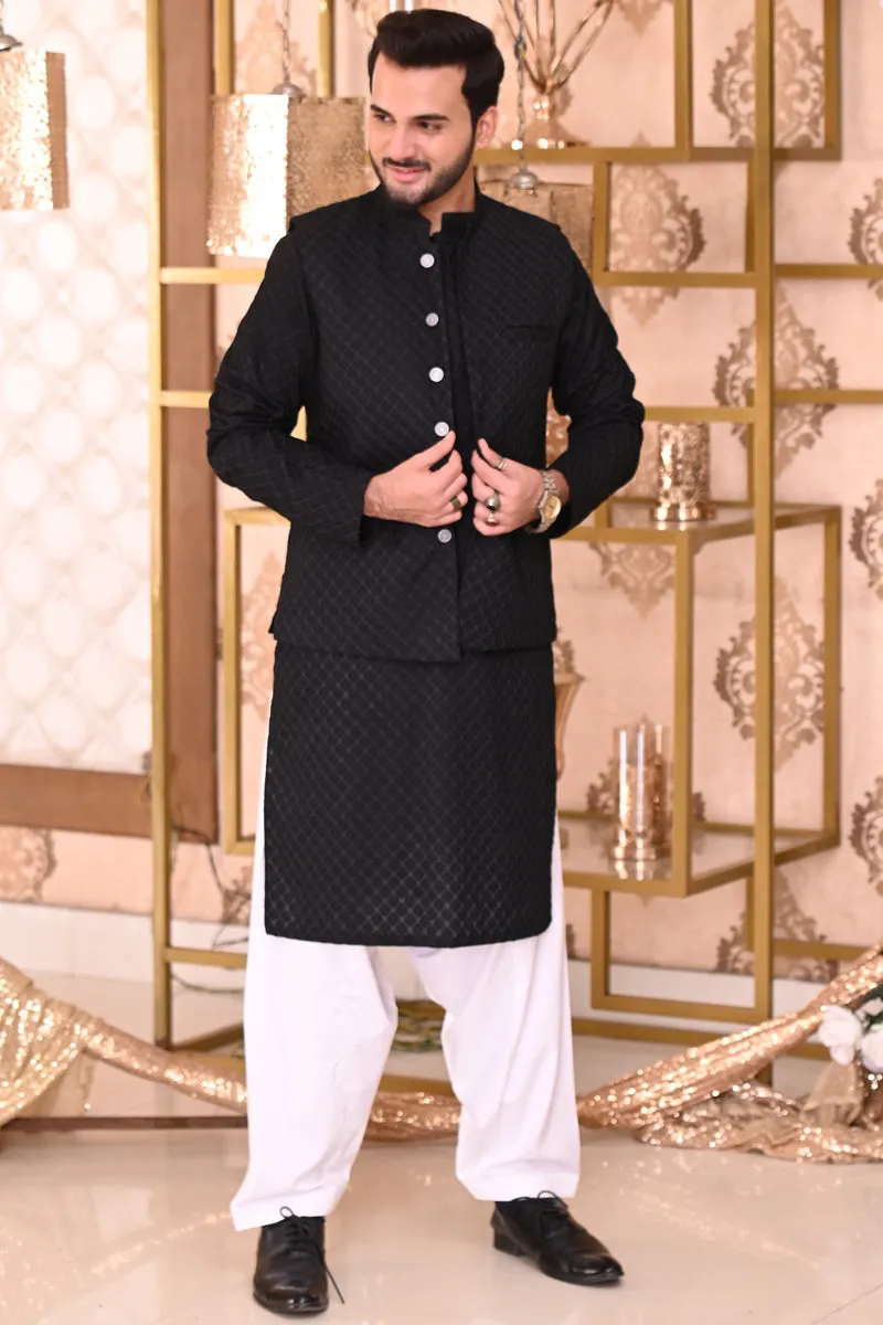 Men Waistcoat Embroidered Black