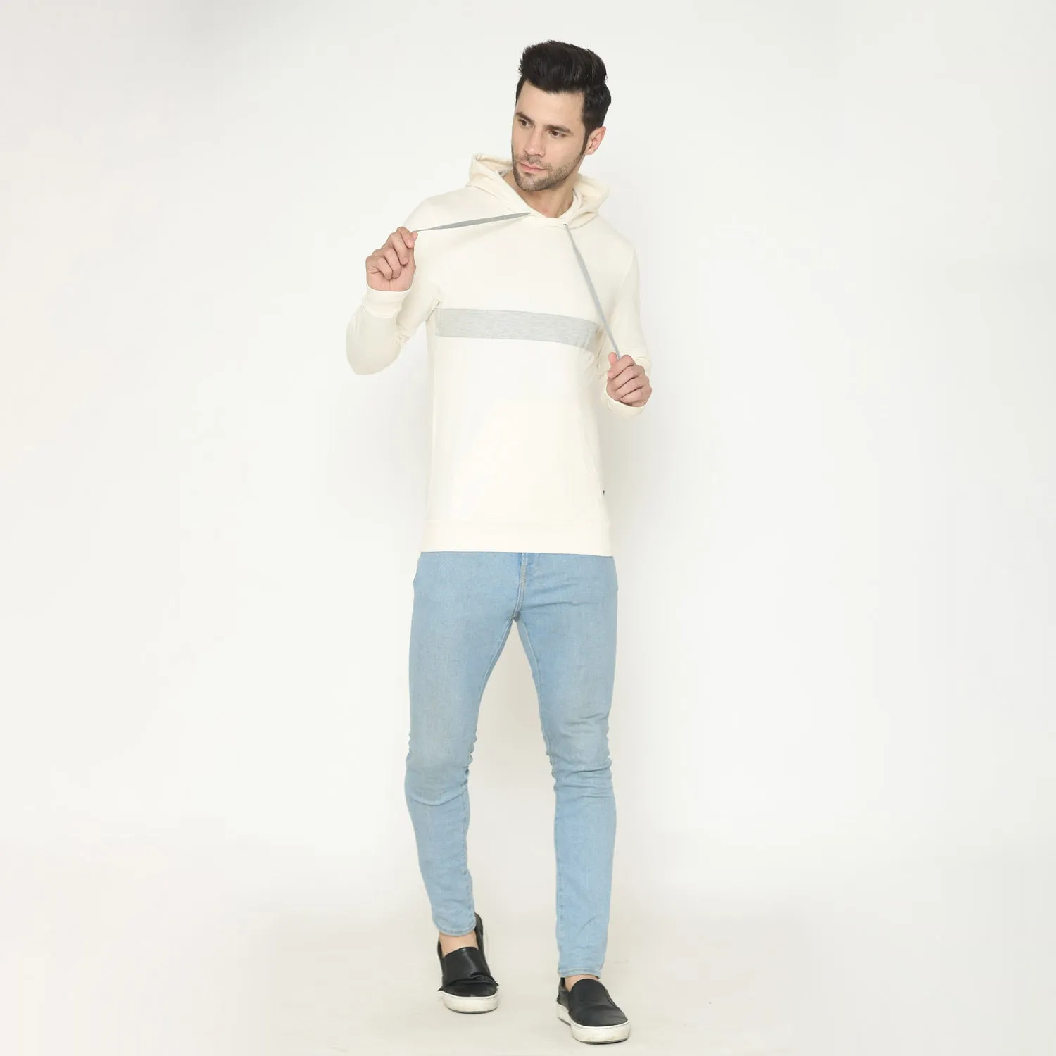 Men's Grey Striped Hoodie Sweatshirt - Off White