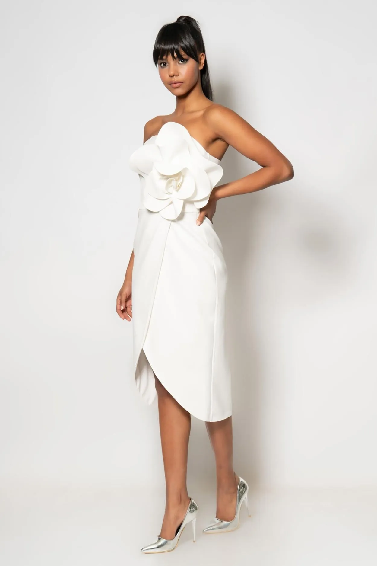 Midi Formal dress with big Flower - White