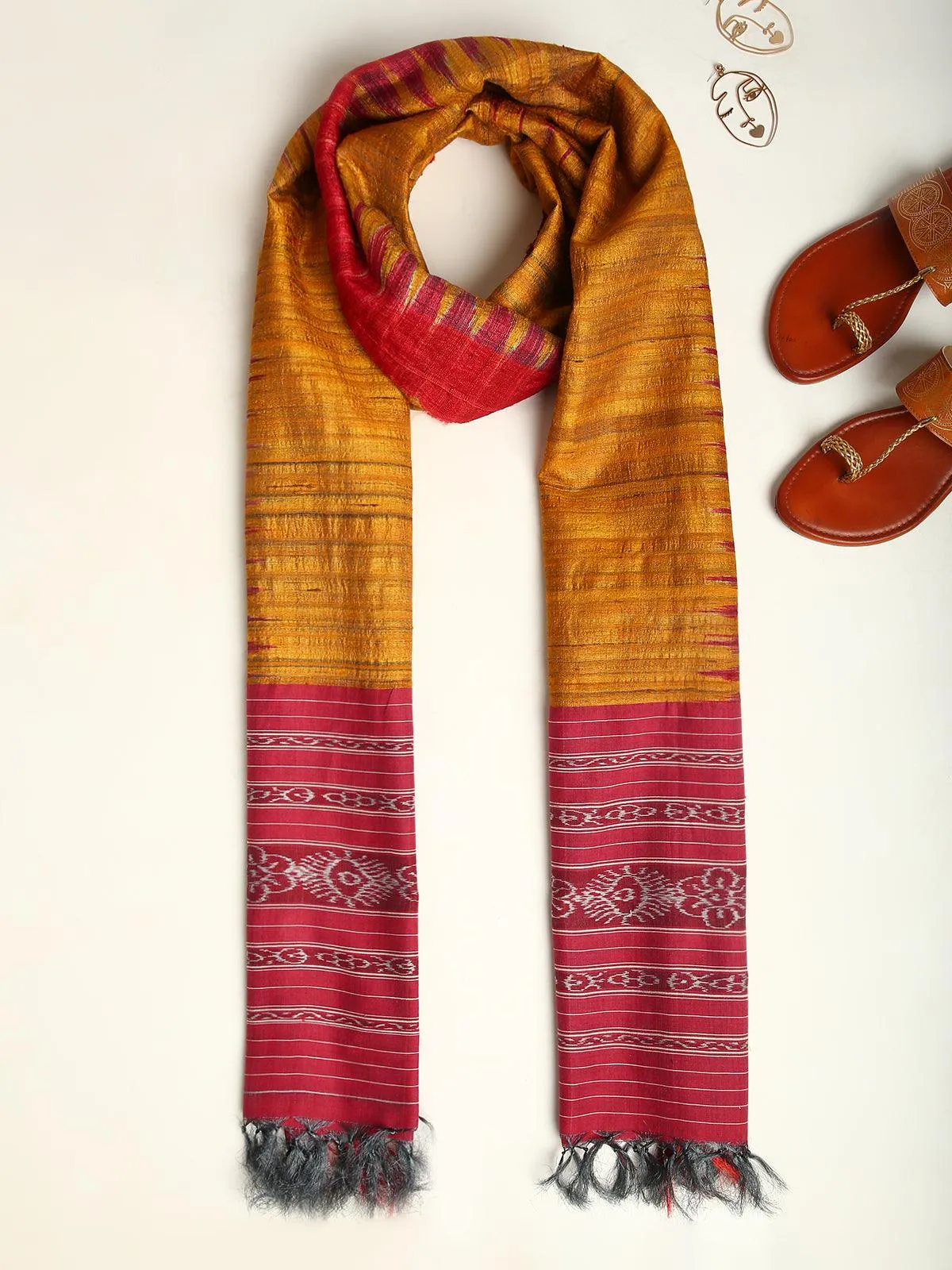 Mustard Yellow Handwoven Pure Tussar and Ghicha Silk Stole