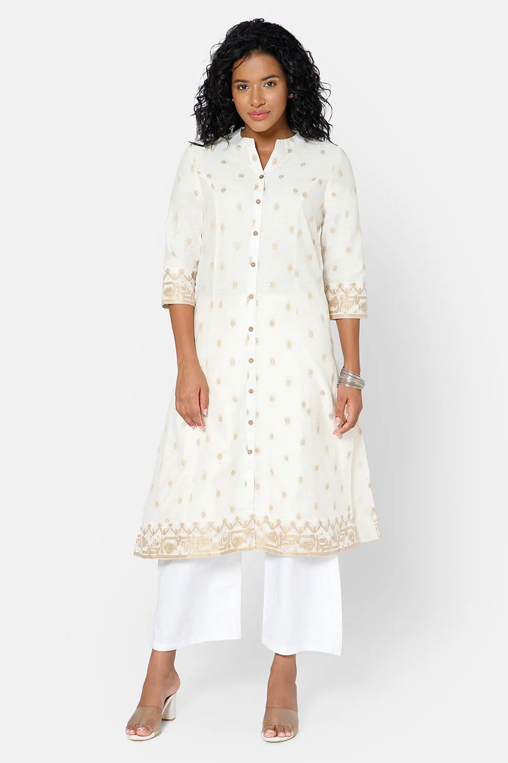 Mythri Women's Casual Kurthi with Mandarin Collar 3/4th Sleeves - Off White - KU69