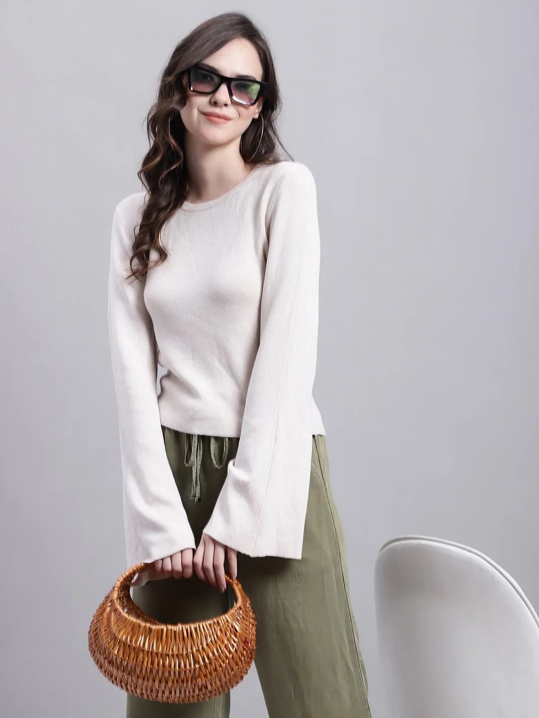 Women Beige Round Neck Top