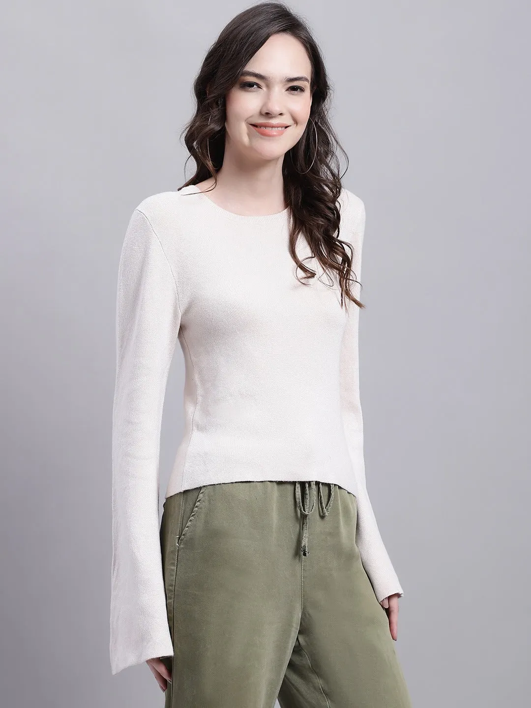 Women Beige Round Neck Top