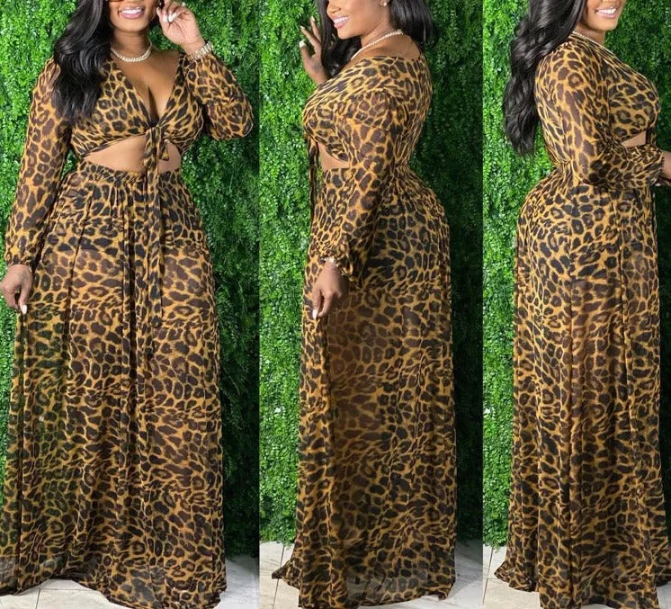 WOMEN CHEETAH PRINT TWIN LONG SLEEVE LACE UP TOP AND SKIRT OUTFIT SET