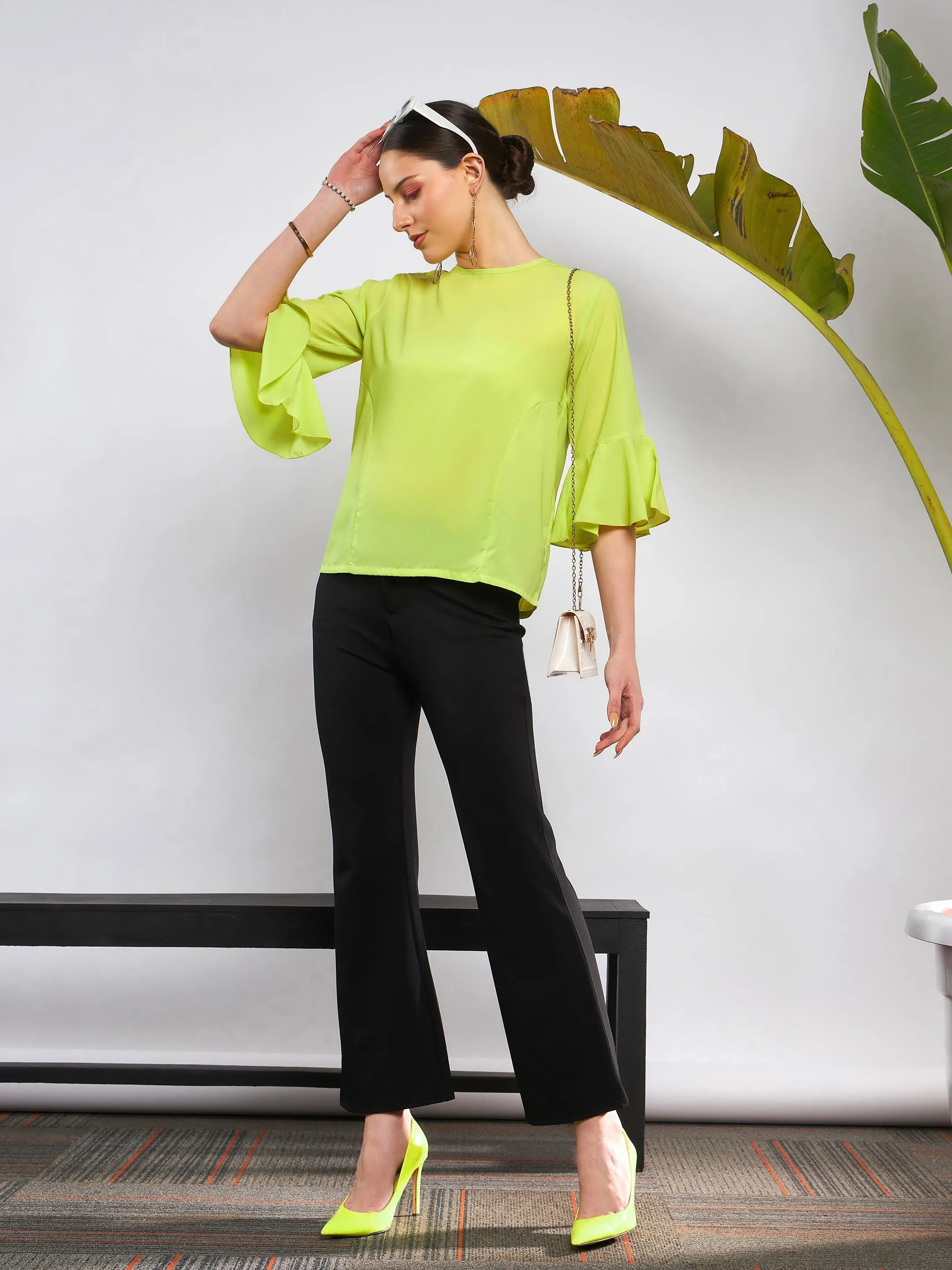 Women Lime Green Ruffle Sleeve Top