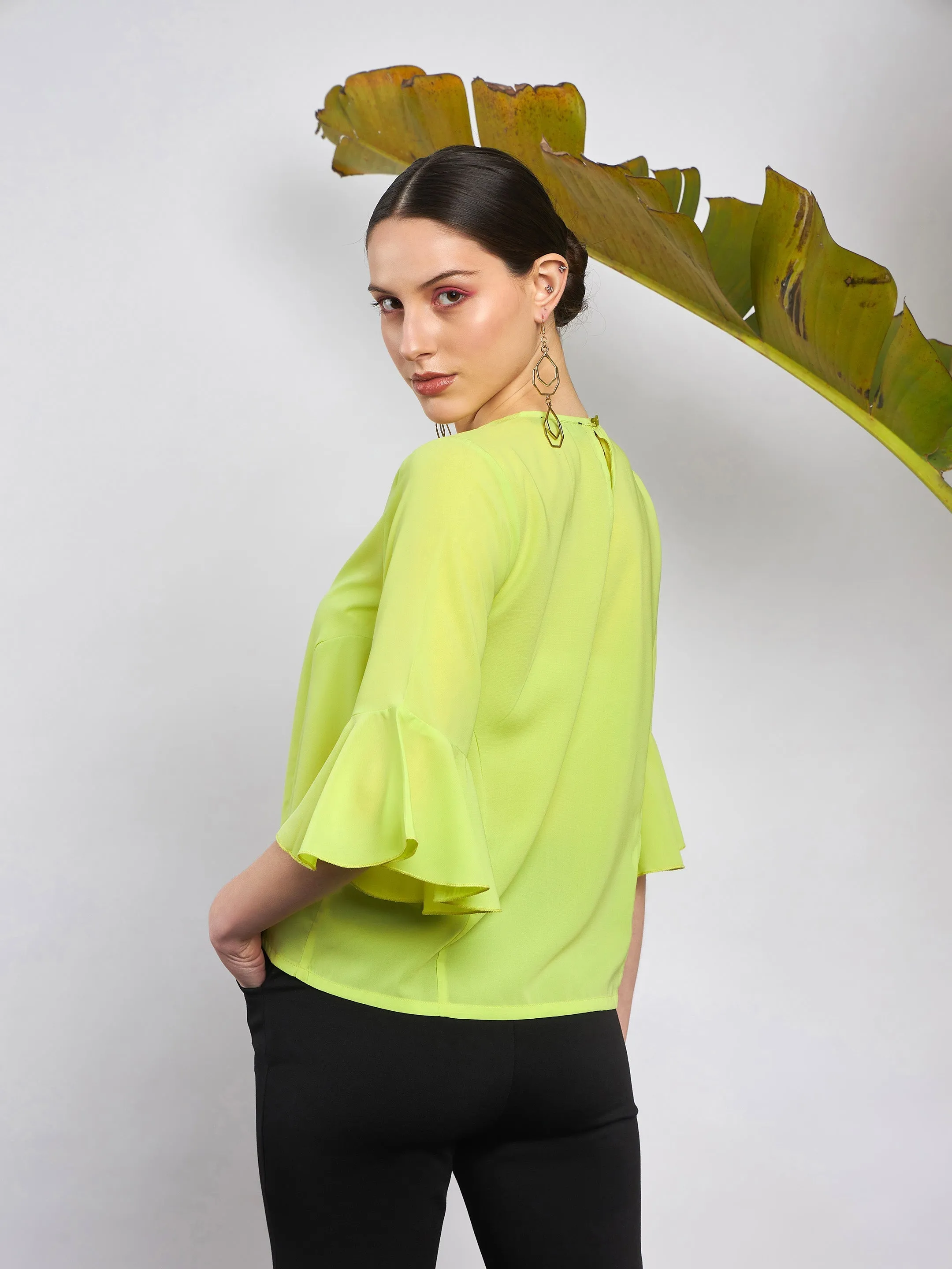 Women Lime Green Ruffle Sleeve Top