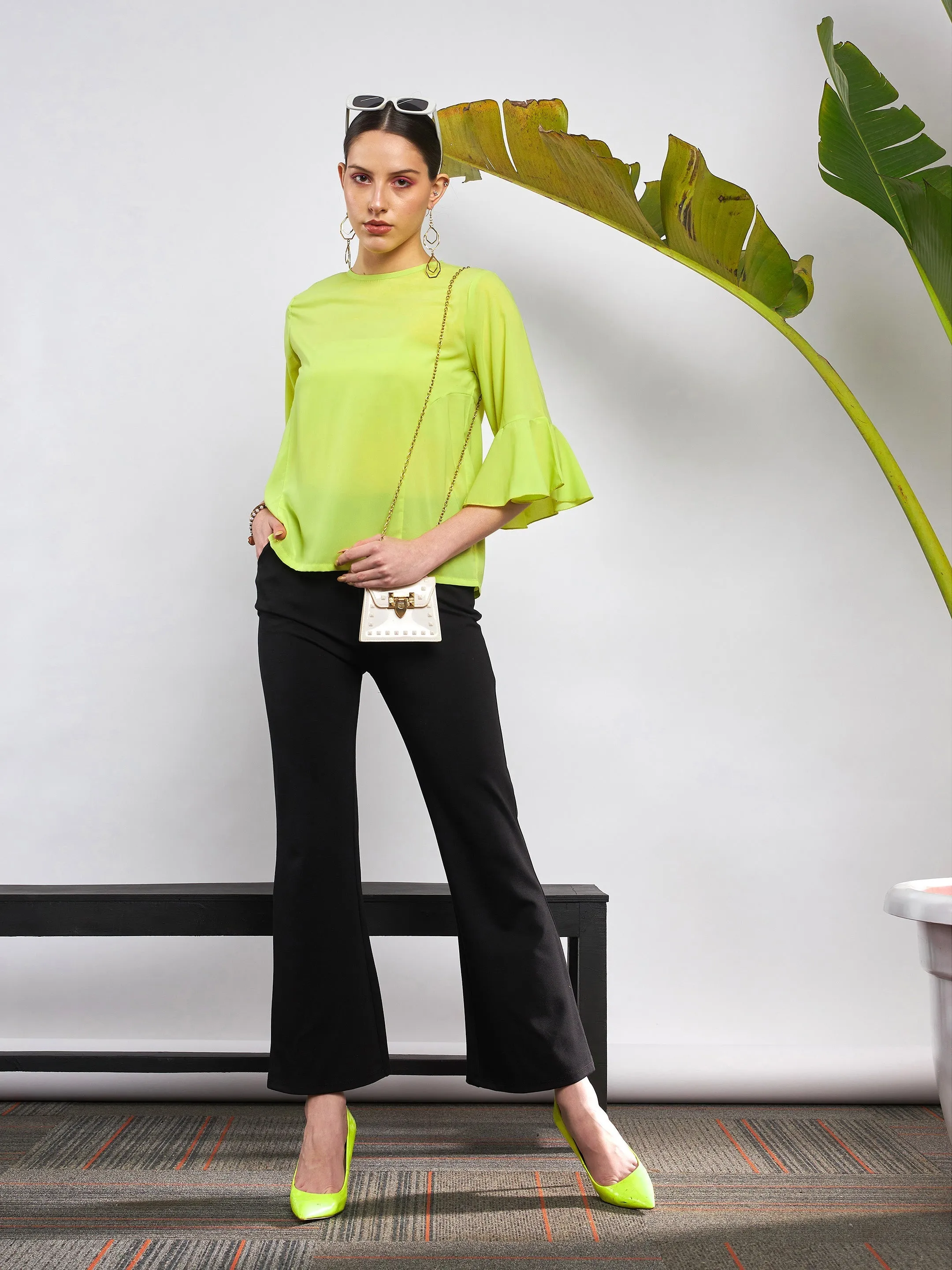 Women Lime Green Ruffle Sleeve Top