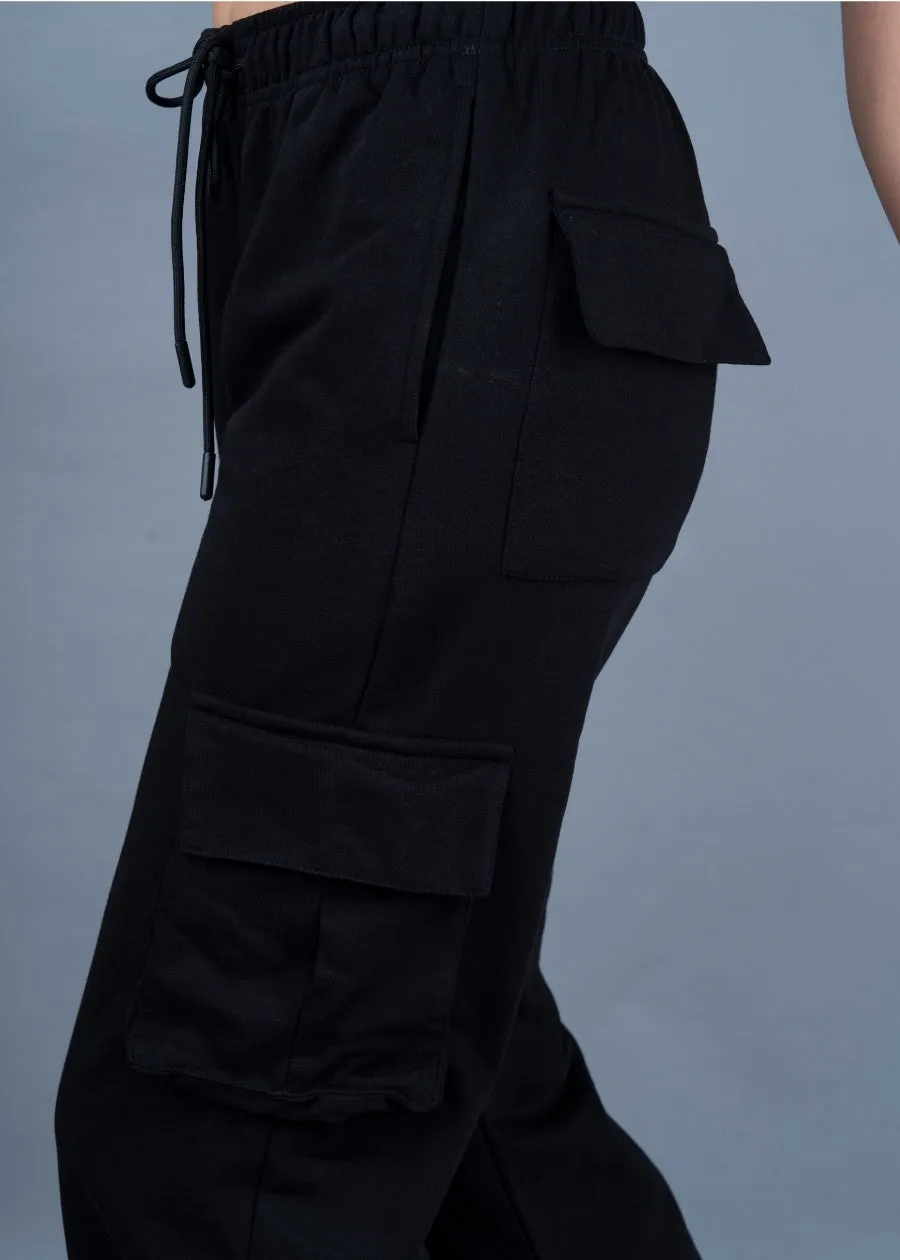 Women Premium Terry Cargo Pants - Black