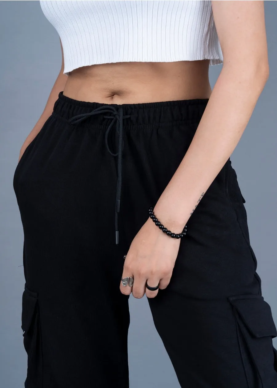 Women Premium Terry Cargo Pants - Black