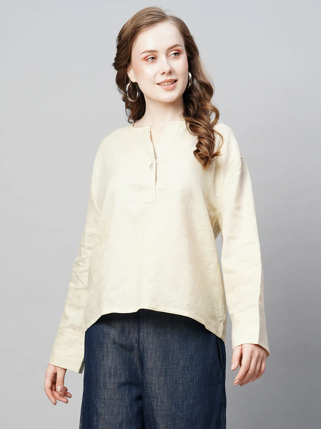 Women's Beige Linen Regular Fit Blouse