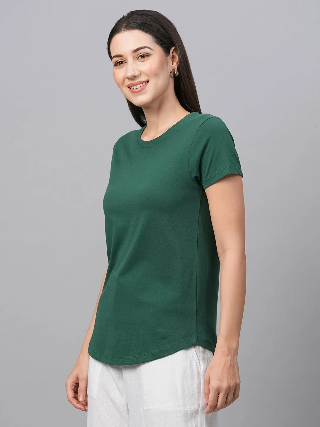 Women's Green Cotton Regular Fit Tshirt