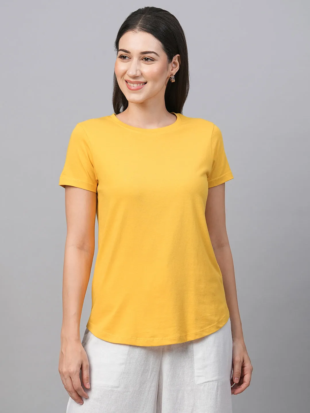 Women's Mustard Cotton Regular Fit Tshirt