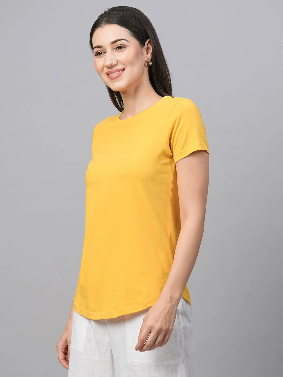 Women's Mustard Cotton Regular Fit Tshirt