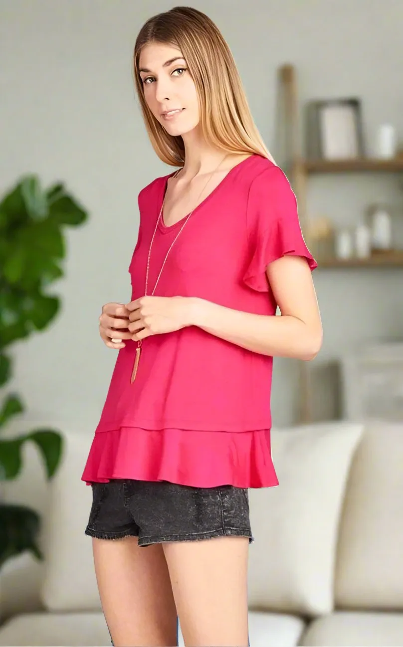 Womens Pink Top | Flutter Sleeve Shirt | Ruffle Hem Solid Tunic