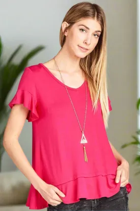 Womens Pink Top | Flutter Sleeve Shirt | Ruffle Hem Solid Tunic