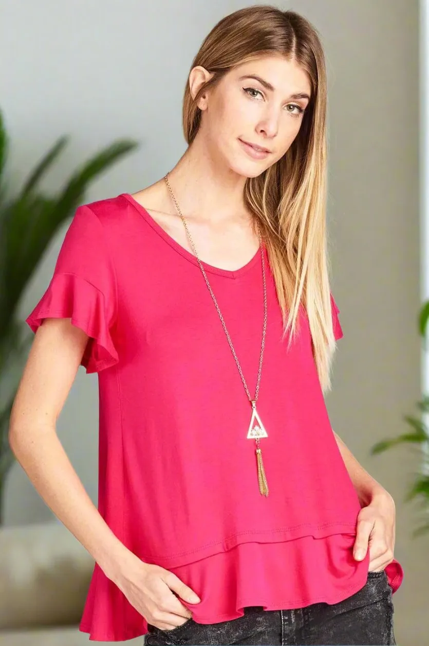 Womens Pink Top | Flutter Sleeve Shirt | Ruffle Hem Solid Tunic