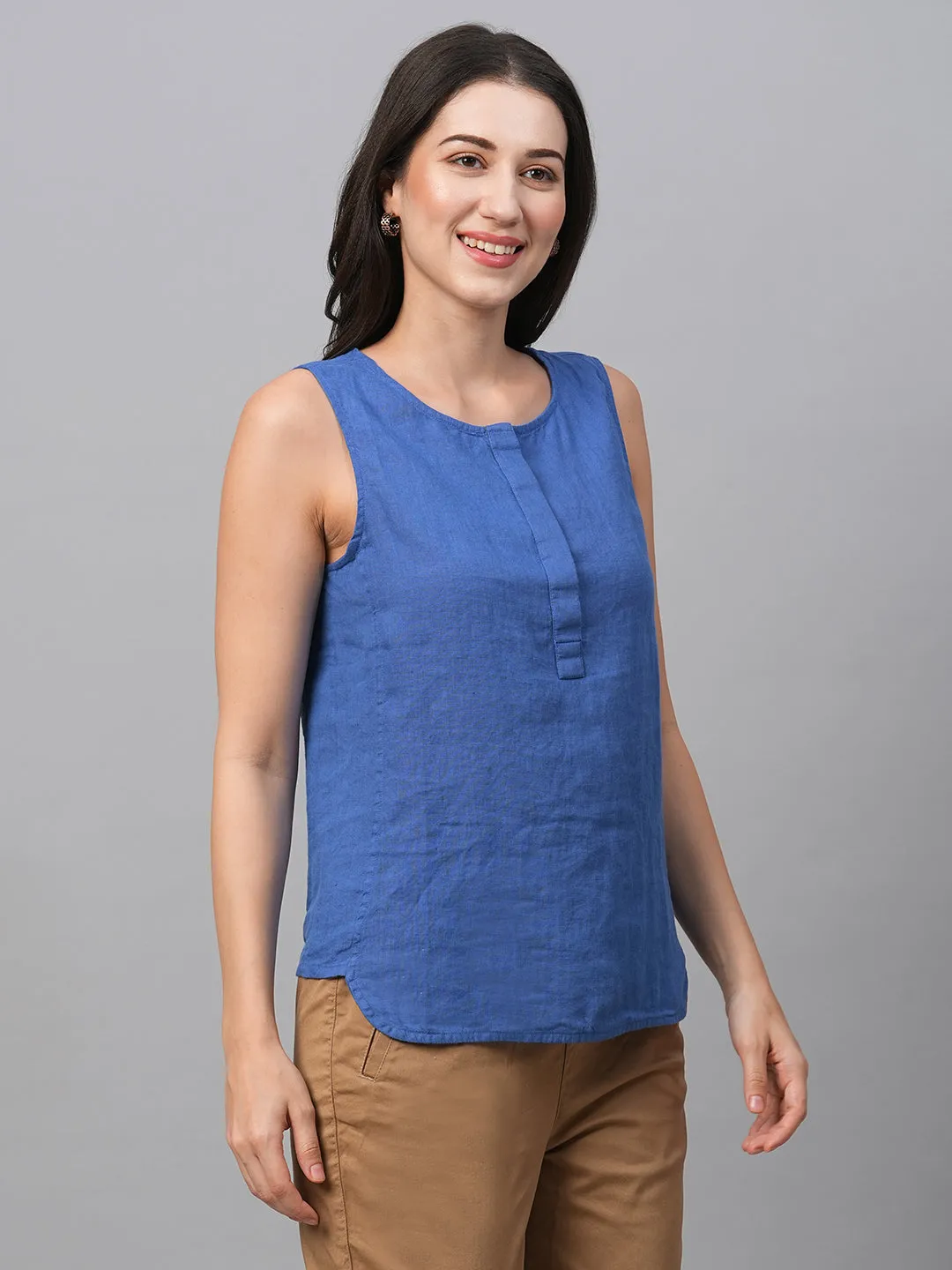 Women's Royalblue Linen Regular Fit Blouse